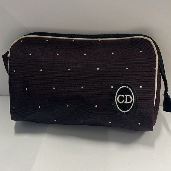 Christian Dior Vintage Polka Dot Dark Brown Canvas Zipper Clutch Make Up Bag - Picture 1 of 6